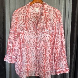 Chico’s Melon and White Print Roll-tab Button Down Shirt 3 or 16 EUC